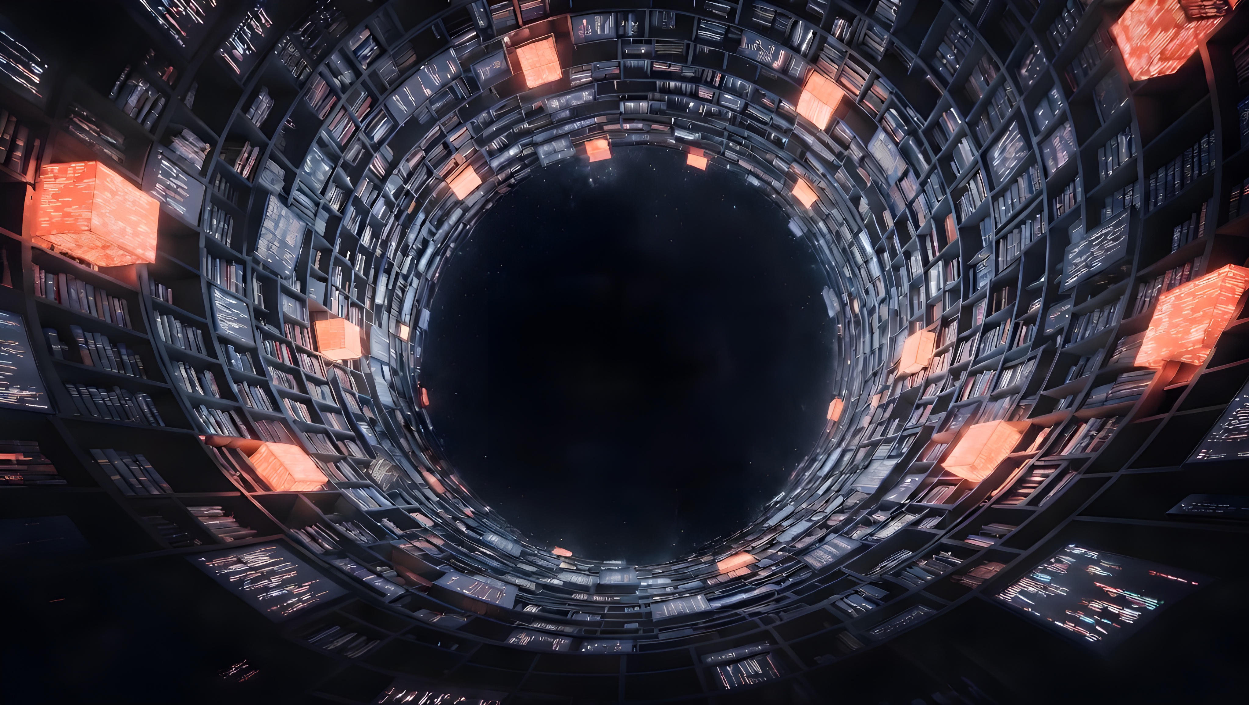 Large centered vortex formed by books and floating data cubes